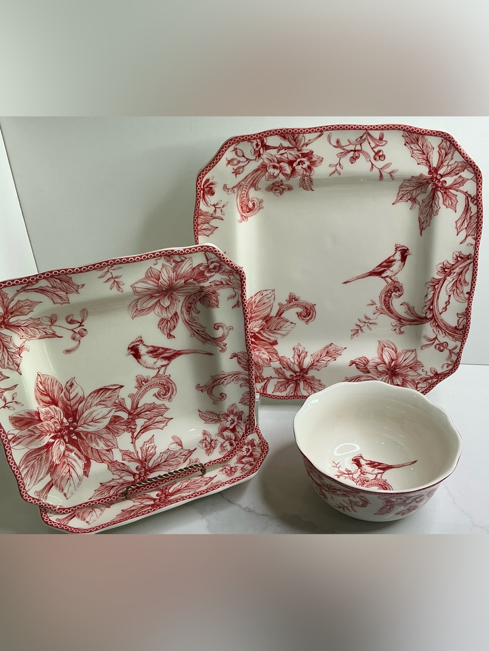 Square Salad & Dinner Plates Red Cardinal Poinsettia 222 FIFTH CHRISTMAS LANE